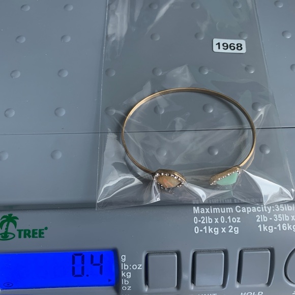 1968 Gold Tone Bangle with Green and Peach Stones - Picture 6 of 6